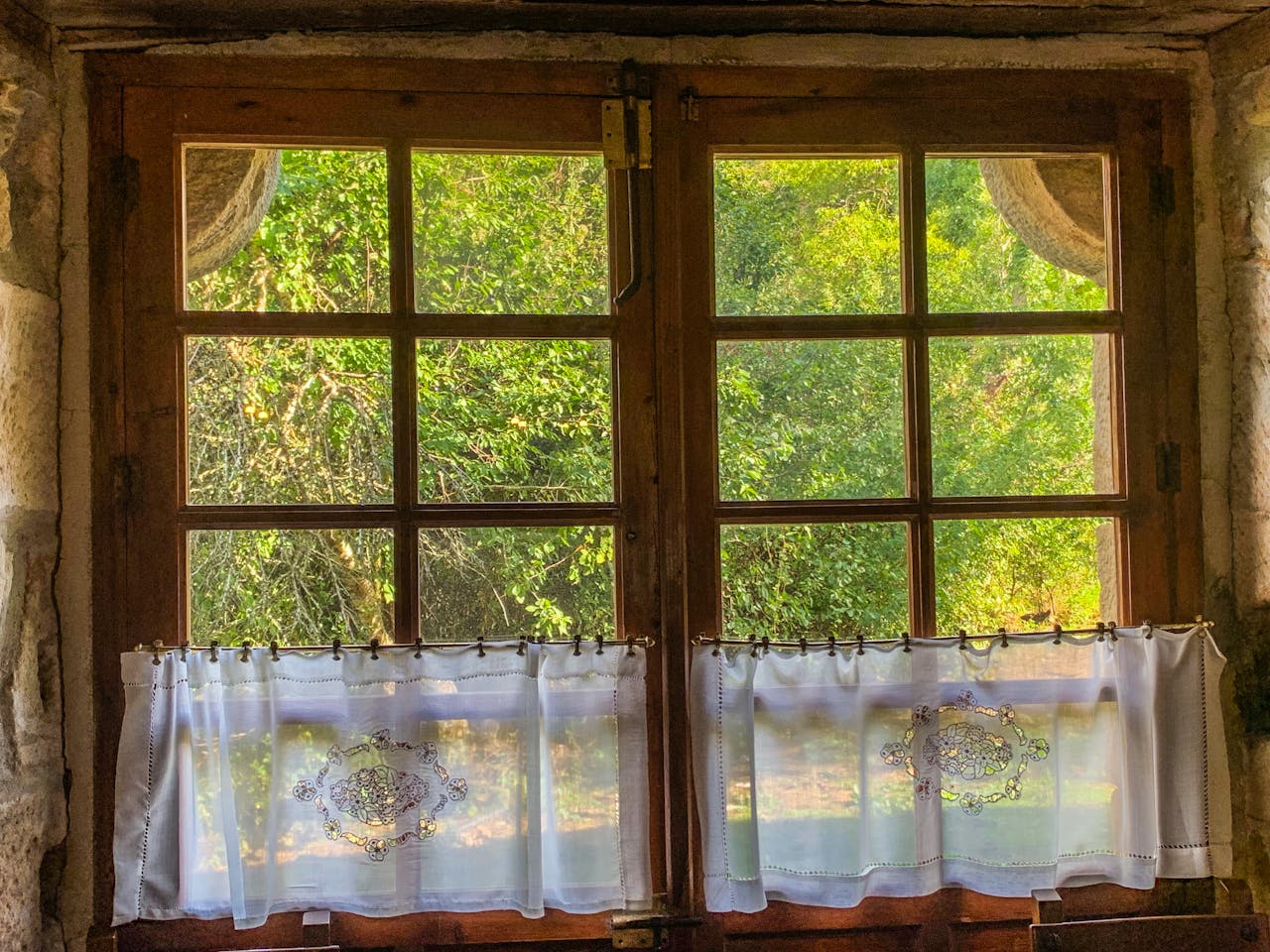 A cozy wooden window with lace curtains overlooks a lush green summer garden.