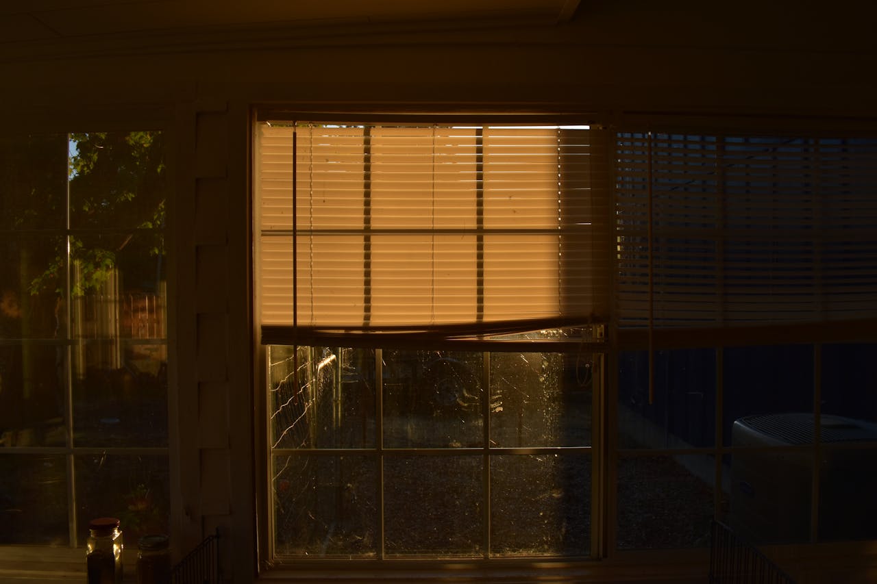 Warm evening sunlight filtering through window blinds, creating a serene indoor atmosphere.